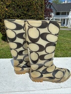 Coach Black and Cream Signature Rain Boots